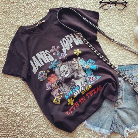Boho Black Janis Joplin Floral Graphic Tee Rock - Picture 6 of 7